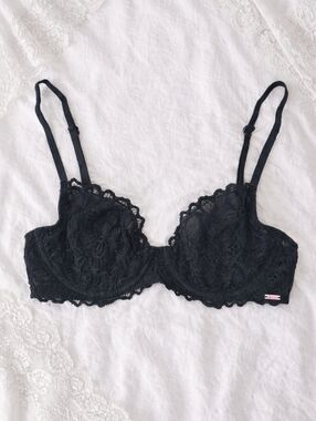 Victoria's Secret PINK Black Lace Unlined Underwire Bra Size 32D